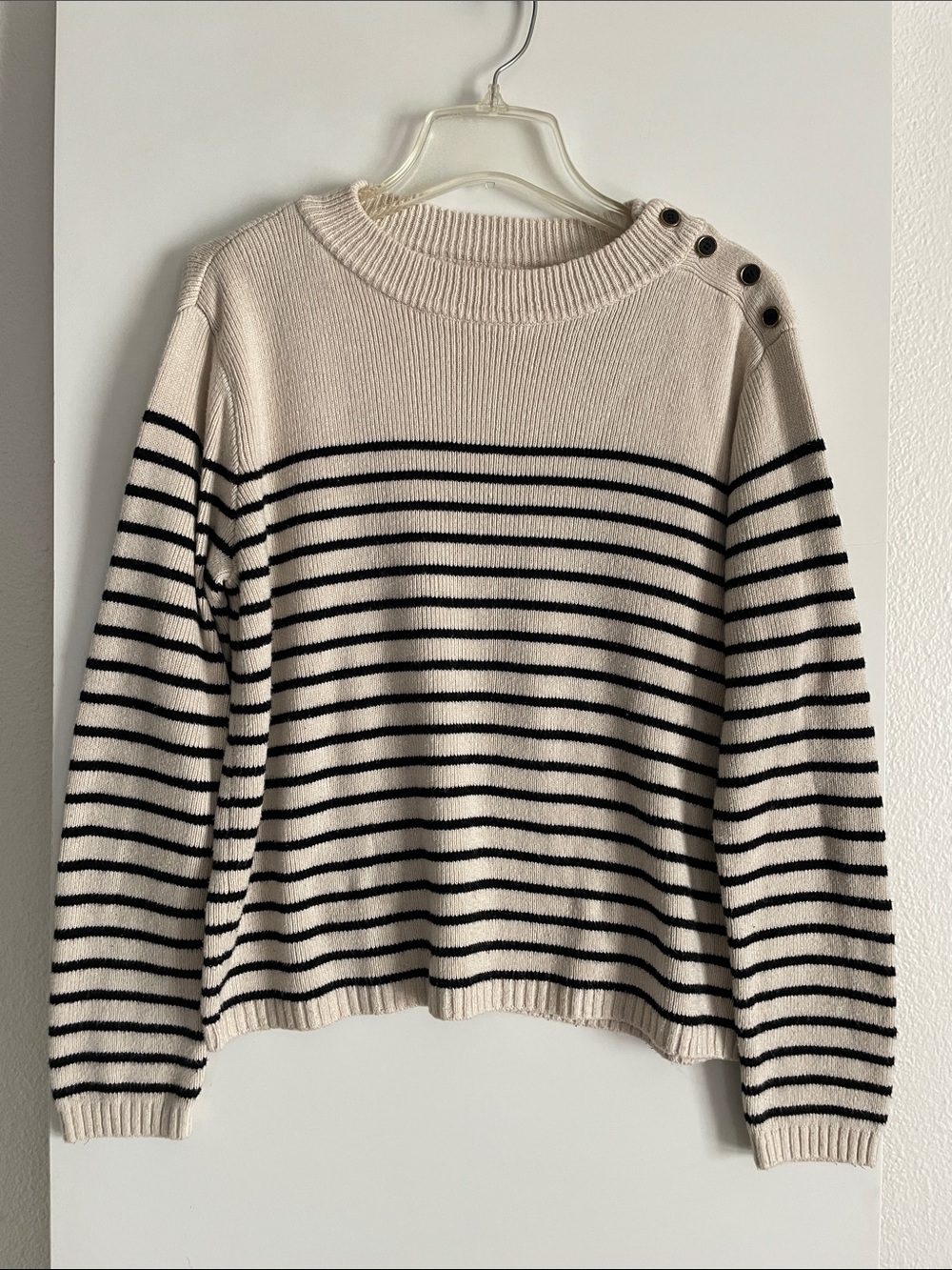 Forever 21 Cotton Blend Ivory Black Striped Crew Neck Sweater